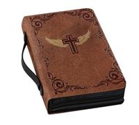 Homoyoyo Vintage with Handle and Multi-pockets Bible Case Pu Leather for Women with Cross and Wings Print, Lightweight Zippered Book Cover Pouch for Bible Study and Religious Gatherings