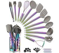 HOMQUEN 38 Piece Silicone kitchen Cooking Utensils Set with Utensil Crocks, Silicone Head and Stainless Steel Handle Cookware, Kitchen Tools, Non-Stick kitchen Gadgets, Dishwasher Safe (Rainbow)