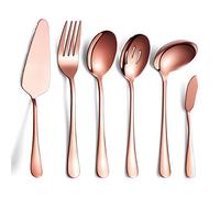 HOMQUEN 6-Piece Copper Serving Cutlery Silverware Set,Stainless Steel Serving Utensil Set,Include Cake Server, Slotted Serving Spoon, Serving Spoon, Cold Meat Fork, Butter knife, Soup Ladle