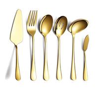 HOMQUEN 6-Piece Gold Serving Cutlery Silverware Set,Stainless Steel Serving Utensil Set,Include Cake Server, Slotted Serving Spoon, Serving Spoon, Cold Meat Fork, Butter knife, Soup Ladle