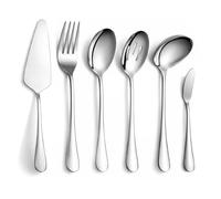 Homquen 6-Piece Silver Serving Flatware Set - Stainless Steel Utensil Set, Includes Cake Server, Slotted Spoon, Serving Spoon, Meat Fork, Butter Knife, Soup Ladle