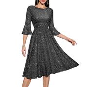HomRain Black Glitter Modest Dresses for Women 3/4 Sleeve Bell Sleeve Formal Wedding Guest Cocktail Homecoming Bridesmaid Prom Swing Dress Glitter-Black L