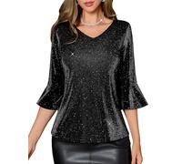 HomRain Black Sequin Tops for Women 3/4 Bell Sleeve V-Neck Glitter Party Blouse for Homecoming, Causal, Holiday & Night Out-S