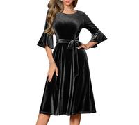 HomRain Black Velvet Dresses for Women with 3/4 Bell Sleeve Elegant Winter Midi Dress for Wedding Guests,Cocktail Party,Church &Casual Christmas-S