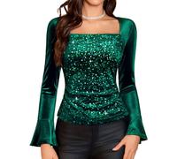 HomRain Dark Green Velvet Tops for Women Long Sleeve 2025 - Sparkly Fall Tops with Bell Sleeves, Square Neck for Causal, Wedding Guest, Holiday Party, Christmas & NYE Outfits-L