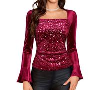 HomRain Elegant Velvet Sequin Top - Square Neck Bell Sleeve Blouse, Red Sparkly Tops for Causal, Christmas Party, Proms, Cocktail, Wedding Guest, NYE & Holiday L