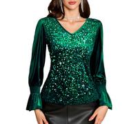 HomRain Ladies EmeraldGreen Velvet Bell Long Sleeve Sequin Glitter Christmas Party Tops,V-Neck Sparkle Causal Evening&Disco Shirt-Green S