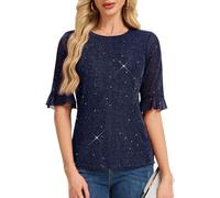 HomRain Navy Sparkly Top for Women 2025 with Crew Neck Ladies Ruffle Bell Sleeve Sequins Tops for Autumn Business Casual Blouses Night Out Party Outfits Navy L