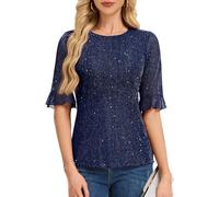 HomRain Navy Sparkly Top for Women 2026 with Crew Neck Ladies Ruffle Bell Sleeve Sequins Tops for Prom Business Casual Blouses Night Out Party Outfits Navy M