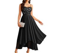 HomRain Semi Formal Sequin Sparkly Dresses for Women Wedding Guset Spaghetti Strap Glitter Long Party Dress Graduation V Neck Bridesmaid Dress for Evening Black 2XL