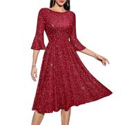 HomRain Sequined Christmas Long Sleeve Formal Dress Midi A Line Modest Cocktail Formal Bridesmaid Wedding Cocktail Homecoming Dress Glitter-Burgundy M