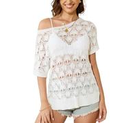 HomRain White Summer Crochet Top for Women 2025 Spring Casual Off Shoulder Neck Hollow Out Short Sleeve Crew Neck Loose M