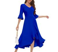 HomRain Women V-Neck Split Maxi Dress Wedding Guest with Ruffle Long Sleeve Formal Cocktail Evening Party Vintage Flowy A Line Dress RoyalBlue XL