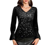 HomRain Women's Black Sequin Sparkly Glitter Velvet Christmas Tops,V Neck Bell Long Sleeve Winter Cuff Blouse for Disco&Festive Season-Black S