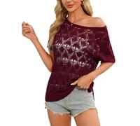 HomRain Women's Burgundy Crewneck Off-Shoulder Loose Pullover with Hollow Out Design, Polyester Blend, Short Sleeve, Size L