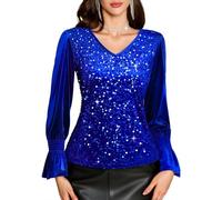 HomRain Women's Elegant Velvet Sequin Sparkly Glitter Tops with Bell Long Cuff Sleeve&V-Neck for Christmas, Coktail Party, Causal Evening-Royal Blues
