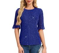 HomRain Womens Glitter Blouse Tops Fully Body Sequined Round Neck Lined Bell Sleeve Sequin Blouses T-Shirt for Party RoyalBlue L