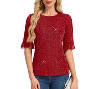 HomRain Womens Glitter Blouse Tops Fully Body Sequined Round Neck Lined Bell Sleeve Sequin Blouses T-Shirt for Party Red XL