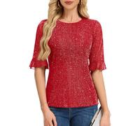 HomRain Womens Glitter Blouse Tops Fully Body Sequined Round Neck Lined Bell Sleeve Sequin Blouses T-Shirt for Party Red 2XL
