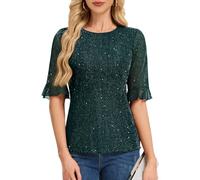 HomRain Womens Glitter Blouse Tops Fully Body Sequined Round Neck Lined Bell Sleeve Sequin Blouses T-Shirt for Party Dark Green XL