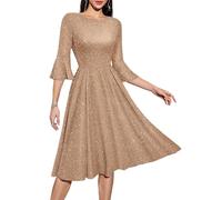 HomRain Women's Glitter Sequin Semi Formal Prom Cocktail Graduation A Line Midi Length 3/4 Bell Sleeve Church Wedding Evening Tea Party Clothing,Glitter Champagne L