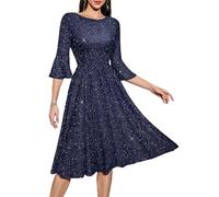 HomRain Women's Glitter Sequin Semi Formal Prom Cocktail Graduation A Line Midi Length 3/4 Bell Sleeve Church Wedding Evening Tea Party Clothing,Glitter Navy M