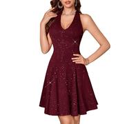 HomRain Women's Glitter Sparkle Graduation Dresses Halter Sexy Deep V Neck for Wedding Party Vintage Prom Mini Dress Clubwear Burgundy M