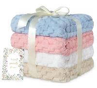 HOMRITAR 4 Pcs Baby Fuzzy Blanket 3D Jacquard Fluffy Blankets for Boy Girls, Soft Warm Cozy Flannel Fleece Warm Blanket Nursery, Stroller Toddler Bedding, 30 x 40 Inch (Blue, Cream, Pink, Khaki)