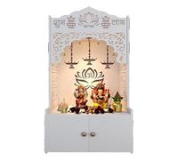 HomScape Lotus Pattern Wooden Pooja Mandir for Home with Spacious Shelf inbuilt Focus Light - Finish - 38 Inches - Temple for Home White Large