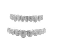 HOMSFOU 10-Teeth Grills Rhinestone Teeth Decoration Bling Tooth Caps for Hip Hop Party and Cosplay Prop Silver Mouth Jewelry