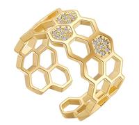 HOMSFOU 14k Gold Plated Open Band Ring with Micro Inlaid Zirconia Geometric Square Cut Finger Jewelry for Women Chic Promise Couple Ring