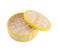 HOMSFOU 20cm Bamboo Steamer with Yellow Edge Lid, Single Tier Chinese Food Steamer Basket for Dim Sum Dumplings, Buns, Vegetables, and Rice Cooking