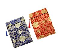 HOMSFOU 2pcs Brocade Embroidery Scripture Bags Double Layers, Medium 20x25cm Retro Chinese Zen Book Organizer Pouches for Buddhist Sutra Storage, Blue Red Floral Pattern