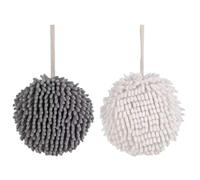 HOMSFOU 2pcs Chenille Hanging Hand Towels with Lanyard, Soft Hand Drying Towel Balls for Kitchen and Bathroom, White and Grey