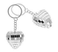 HOMSFOU 2pcs Heart Shaped Disco Ball Keychain Silver 4cm Mirror Pendant Party Favors Retro 70s Reflective Bling Charm for Christmas Halloween Decorations