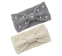 HOMSFOU 2pcs Knit Woolen Pearl Bowknot Headbands for Women, Warm Winter Ear Warmers, Cable Crochet Hair Bands in Dark Grey, Soft Scarf Headwraps for Cold Weather and Outdoor Use