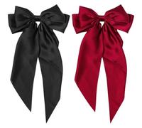 HOMSFOU 2pcs Large Bow Hair Barrettes Clips for Women, Spring Clip with Long Tail Ribbon, Black and Burgundy Hair Bows for Ponytail Styling