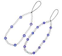 HOMSFOU 2pcs Pearl Beaded Mobile Phone Strap with Evil Eye Charm DIY Accessory for Preventing Loss Beautiful and Attractive Phone Pendant Wrist Strap for Key Chain