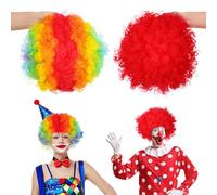 HOMSFOU 2pcs Rainbow and Red Clown Wigs for Adults, Short Fluffy Afro Style, Vibrant Halloween and Disco Party Costume Accessories