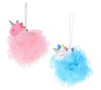 HOMSFOU 2pcs Unicorn Cartoon Bath Balls Shower Scrubbers Loofahs with Pe Mesh for Exfoliating and Foaming, Pink and Blue Bath Sponge Set for Home Bathing