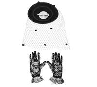 HOMSFOU 3pcs Cocktail Party Accessory Set - Black Stretch Lace Gloves with Retro Top Hat - Banquet Headdress for Women’s Dance and Costume Events