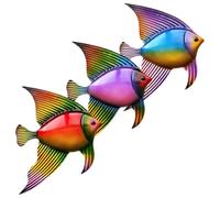 HOMSFOU 3pcs Metal Fish Wall Art Hanging Set, Ocean Life Iron Wall Decor with Blue, Purple Red Back Fish, Outdoor Nautical Garden Plaques for Home Patio and Seaside Decoration