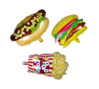 HOMSFOU 3pcs Popcorn Hot Dog Hamburger Foil Balloons Quick Inflate Sturdy Food Shape Party Decorations for Birthday Movie Night Picnic Carnival Supplies