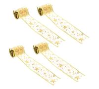 HOMSFOU 4 Rolls Gold Foil Christmas Ribbon with Transparent Star Print Gift Wrapping Ribbon for Holiday Presents and Xmas Tree Decorations Festive DIY Party Supplies