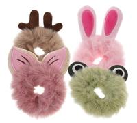 HOMSFOU 4pcs Cartoon Fluffy Hair Ties Set, Elastic Ponytail Holders with Plush Deer Antlers, Pink Bunny Ears, Dark Pink Cat Ears and Green Frog and Women Hair Accessories