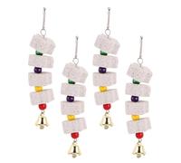 HOMSFOU 4pcs Natural Bird Beak Grinding Stones with Bell, Parrot Chewing for Cockatiel, Chinchilla, and Small Pets - Cage Hanging Mineral Blocks for Beak and Teeth Care
