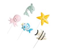 HOMSFOU 5pcs Ocean Theme Cake Toppers Set - Cartoon Dolphin, Sea Star, Octopus, Striped Fish, Blue Fish - Non-edible Birthday Party Cake Decorations for Underwater and Sea Animal Themed