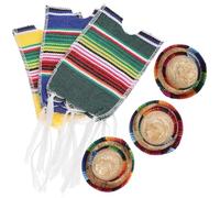 HOMSFOU 6pcs Mexican Style Mini Sombrero Hats and Striped Serape Bottle Ponchos Set Beer and Wine Bottle Decorations with Yellow Blue Green Scarves for Festive Table Display