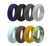 HOMSFOU 8pcs Silicone Rings Set for Men, Flexible Sports Finger Bands Curved Step Design, Outdoor Activity Rings Size 12, Breathable Silicone Wedding Bands