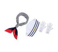 HOMSFOU Captain Sailor Hat Set with Blue and White Striped Sailor Hat, Neck Scarf and Gloves, Nautical Costume Accessories for Adult Party, Role Play, and Summer Events